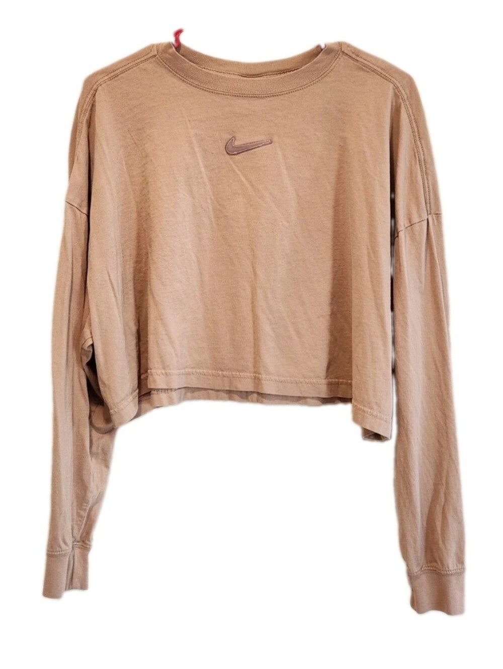 Nike Women's Cropped Long-Sleeve Crewneck Top Cotton Taupe Large